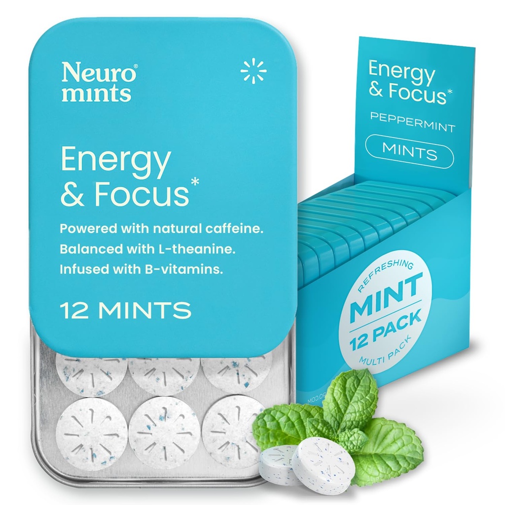 Neurogum Energy Caffeine Mints (144 Kusy) - Bez cukru s L- theanine + přírodní kofein + vitamín B12 & B6 - Nootropní energie a focus dodatek pro ženy a muže - Keto & Vegan, Peppermint Flavor