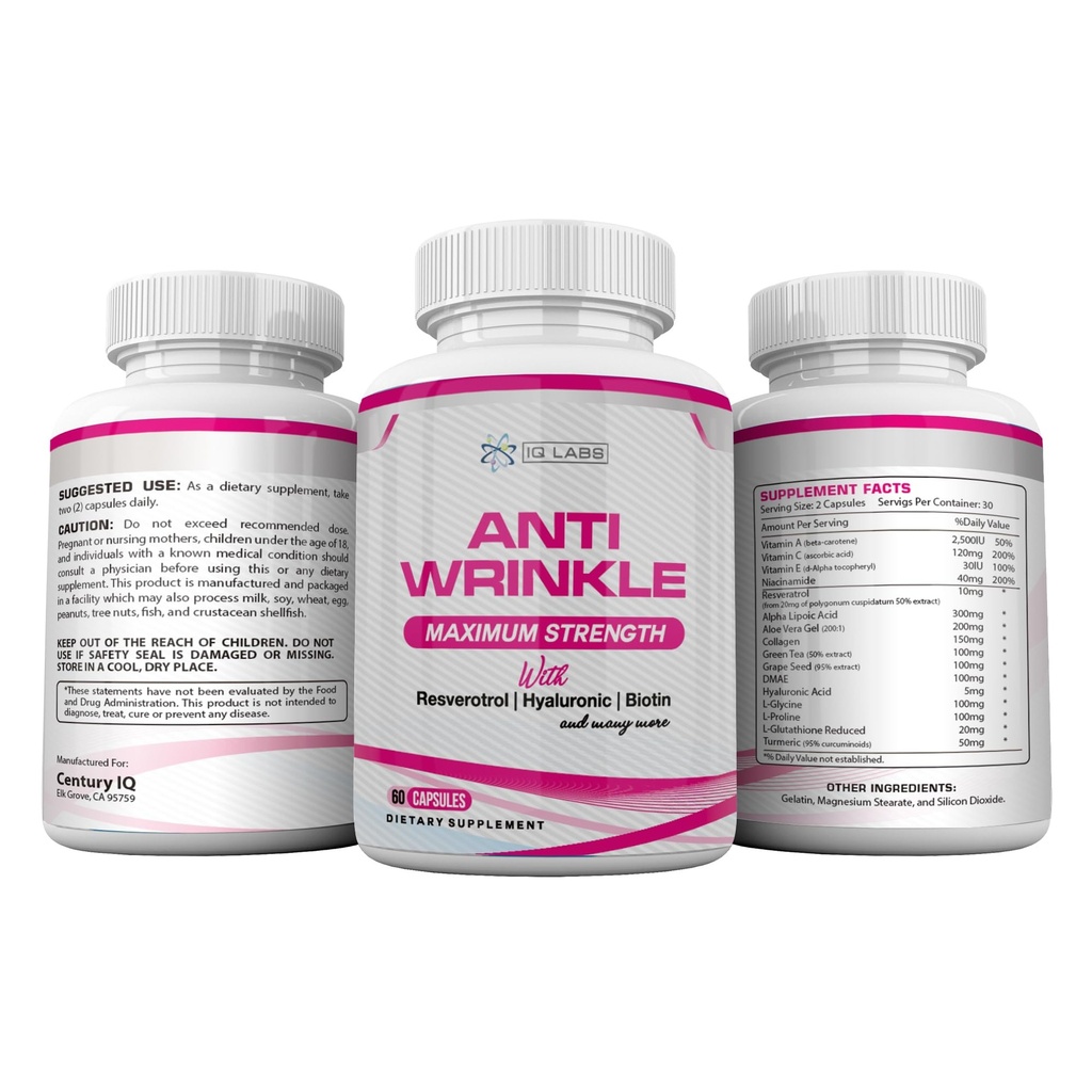 Kožní kosmetické roztoky (4) Anti- Wrinkle Max doplňky 240 Kapsle w / Resveratrol, Alpha Lipoic Acid, kolagen, DMAE, Hyaluronic + pilulky