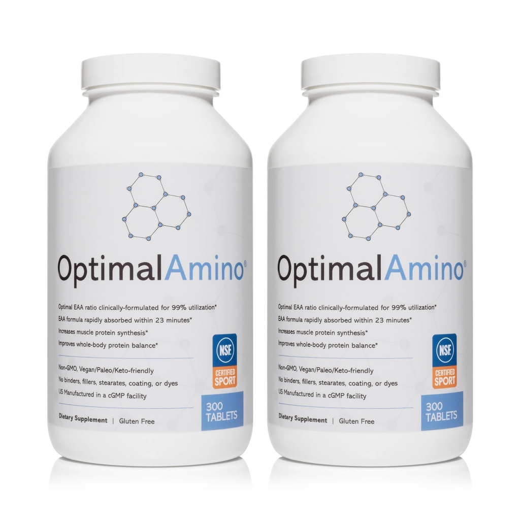 OptimalAmino tablety Fitness Bundle (600 Počet) 124; 99% Utilized Essential Amin Acid (EAA) Dodatek 124; Zvýšení svalové obnovy, BCAA protein Pre / Post Workout, NSF Certified for Sport ® Certified