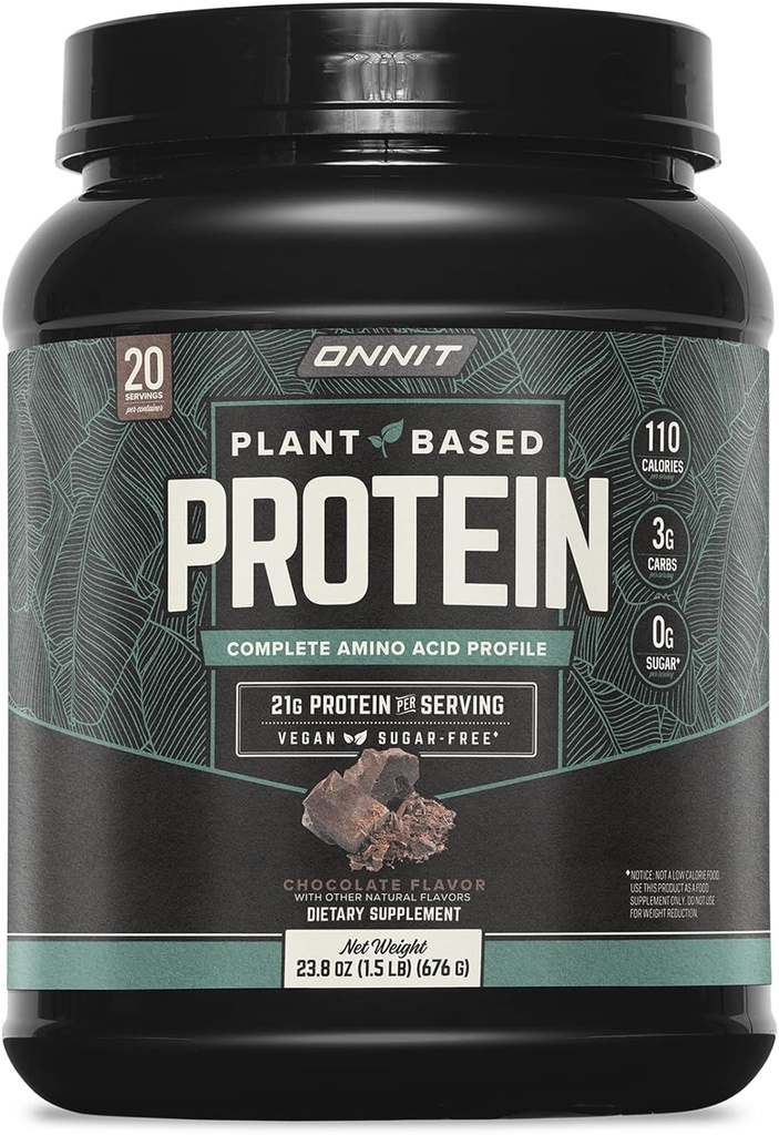 ONNIT Plant- Based Protein Powder, Chocolate Flavor, 21g Protein per Serving, Vegan and Dairy Free Dieter Supplement with 20 Servings per Tub, 23.8 oz