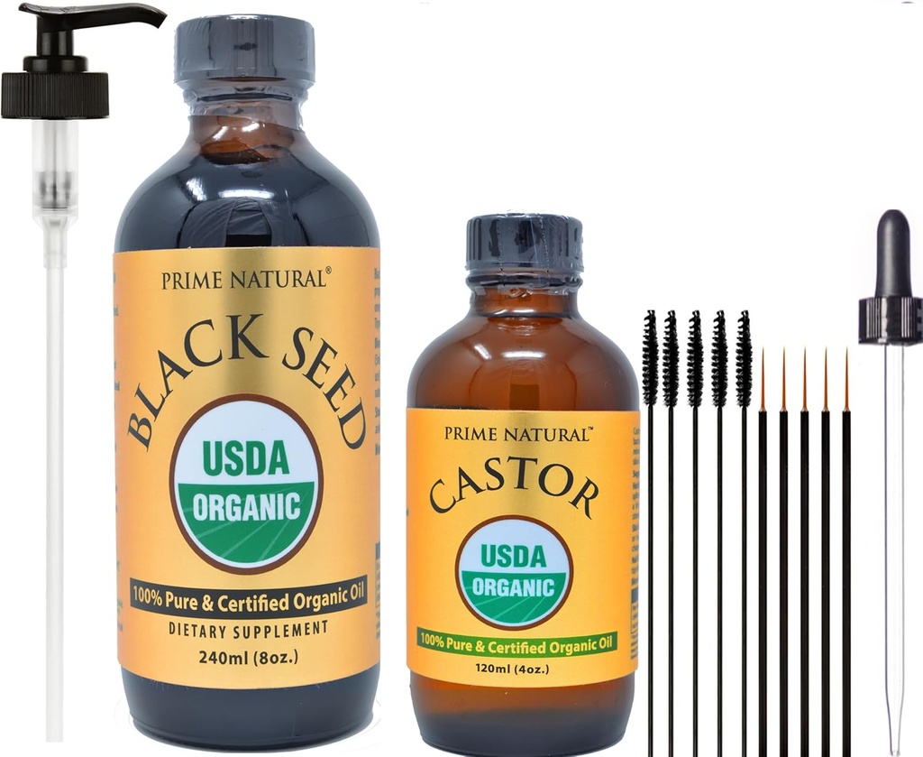 PRIME NATURAL Organic Black Seed Oil & Organic Castor Oil - 2 Oil Bundle - USDA Certified - Cold Pressed, Virgin, Nerafinovaný, Vegan, Non- GMO, No Preservatives