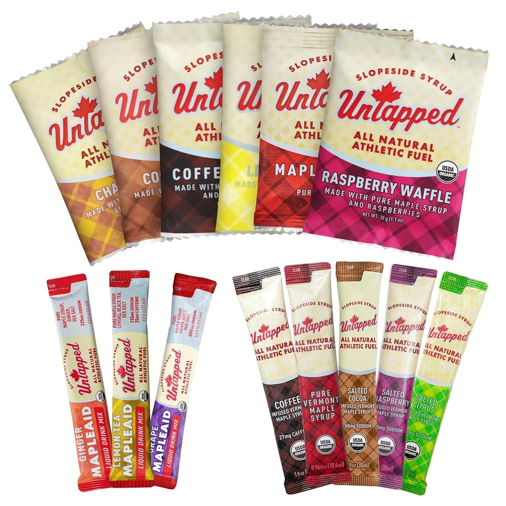 UnTapped Vzorek Pack - 14 Jednotlivě zabalené pakety CARL 124; Zahrnuje All- Natural Maple Syrup, Vegan Strooplabels & Hydration Mixes CARL 124; Asdied Pack for Setrvalá energie & Recovery CARL 124; USDA Organic Certified