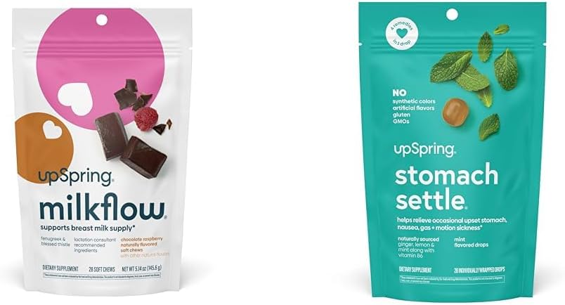 UpSpring Milkflow SoftChews, Kojení doplněk s Fenugreek & Požehnaný Thistle + UpSpring Žaludek Usadit Kapky pro příležitostné Nausea Relief / Upset Žaludek s Ginger, Lemon, Spearmint, a B6.