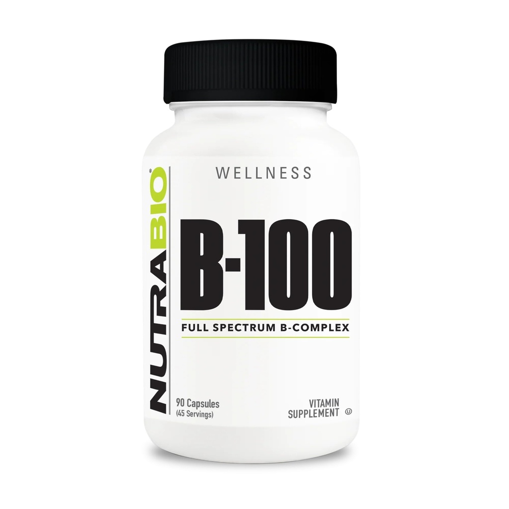 NutraBio B-100, B Vitamin Complex, Podpora imunitního systému, Zdravé vlasy, kůže, nehty, 90 Zeleninové kapsle