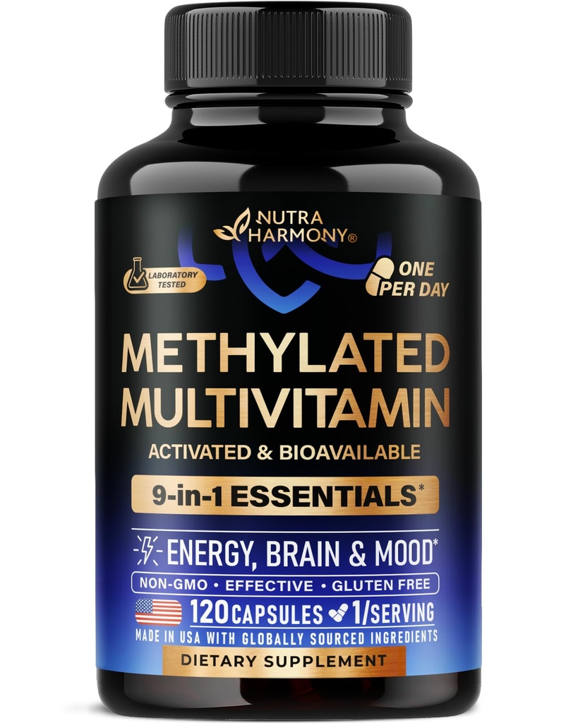 Methylovaný multivitamin - B2, B6, 5-MTHF & B12 PHARMA124; Antioxidanty C & E PHARMA124; Vitamin D3 & K2 - pro muže a ženy - 9- in-1 MTHFR Doplněk k TMG - Energy, Brain & Mood - Vegan - Made in USA - 120 Kapsle