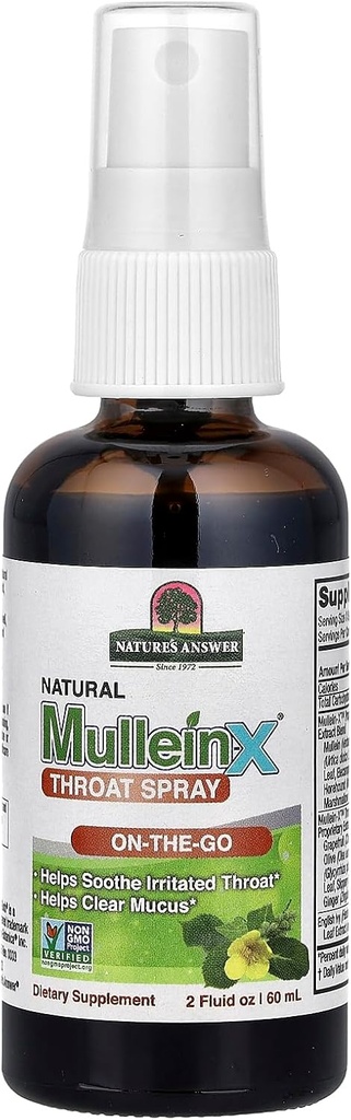 Mullein- X Krční sprej 2 Fluid Ounce current 124; On The Go Current 124; Soothes throat current 124; Clears Mucus current 124; Gluten Free, non GMO, Vegetarian current 124; Natural Peppermint Flavor