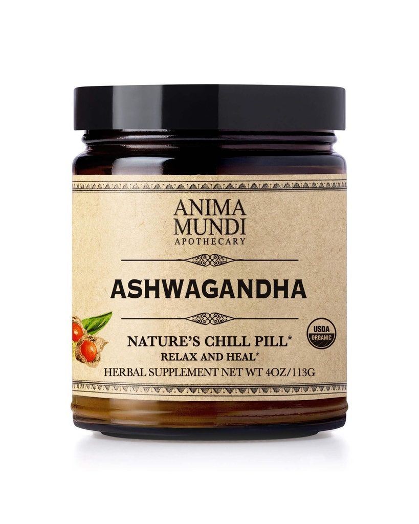 Anima Mundi Ashwagandha Powder - Organic Ashwagandha Root Powder Sourced from India - Běžně známý jako indický Ginseng Root Powder - Calming Bylinný dodatek - Přidat do čaje, kávy a více (4oz / 113g)