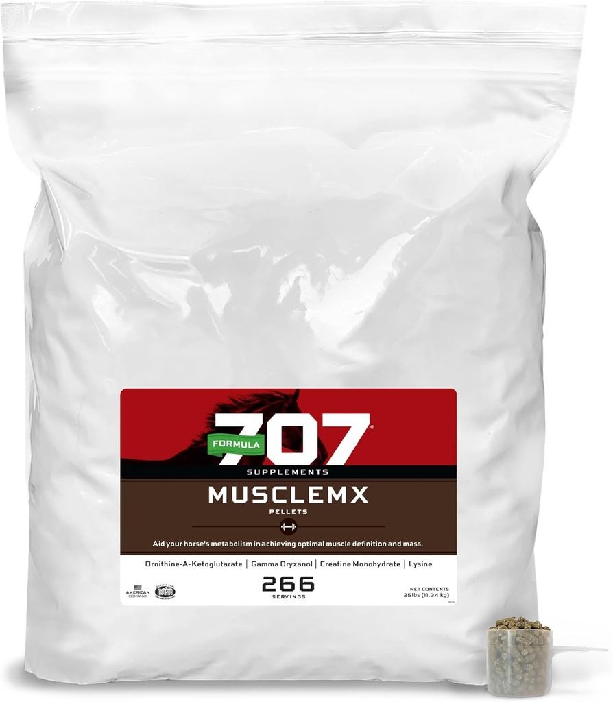 Formule 707 MuscleMx Equine Appendix, 25lb Refill Bag - Podpěra a budování svalů pro koně s lysinem, Gamma Oryzanol, Creatine & OKG