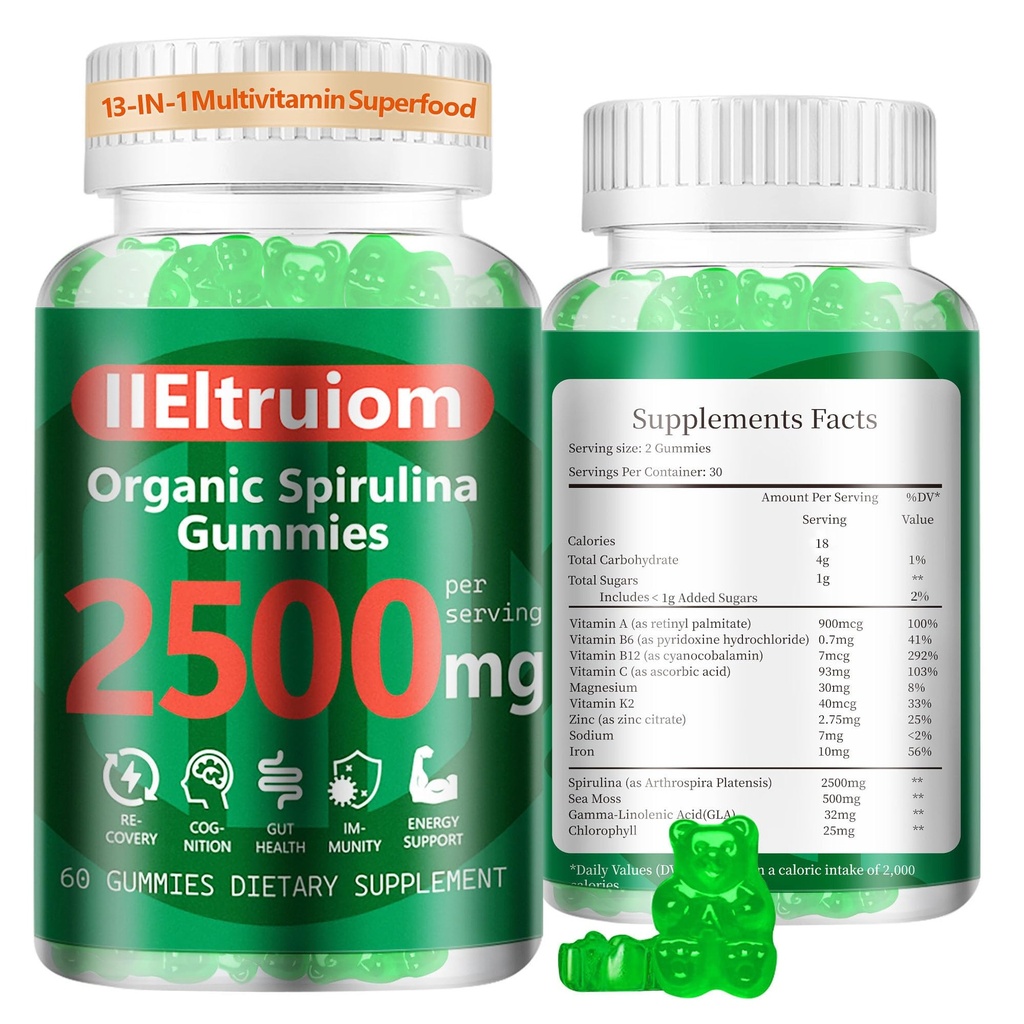 Organic Blue Spirulina Chlorella Gummies, 13-in-1 Super Green & Superfoods, Spirulina 2500mg Enhanced Daily Energy with Sea Moss, Chlorofyll, GLA, Gluten Free, 60 Vegan Gummies