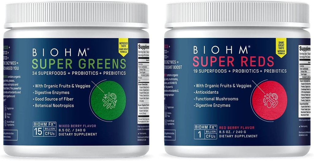 BIOHM Super červené a zelené Bundle, Superfood Powder s probiotika a trávicí enzymy, Baleno s antioxidanty a polyfenoly, Alergen Free, Non- GMO, Vegan - 30 Servings Each