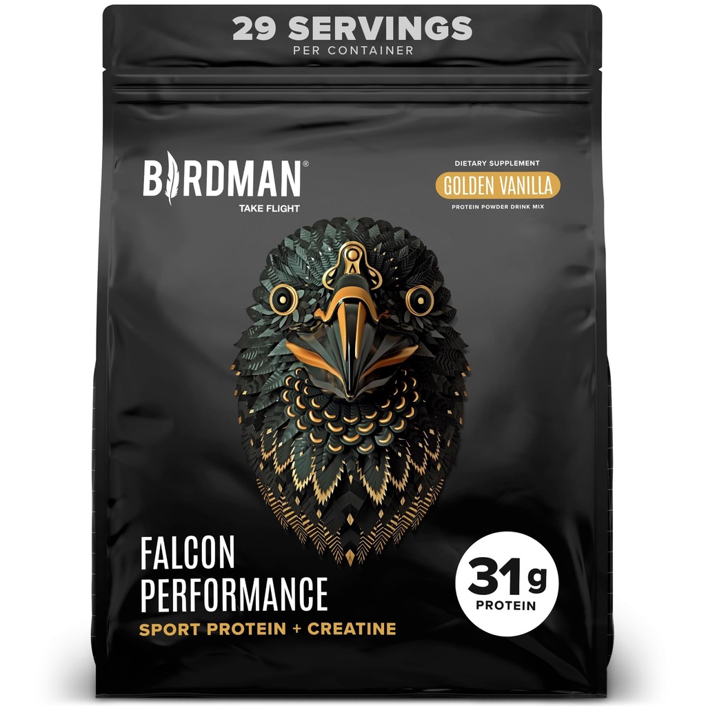 BIRDMAN Falcon Performance Vegan Protein Powder, 31g Protein, 5g Creatin, 5g BCAA, Probiotika, Electrolytes, Pre Workout, Low Carb, Sugar Free & Dairy Free, Plant Based Vanilla Protein, 29 Služeb