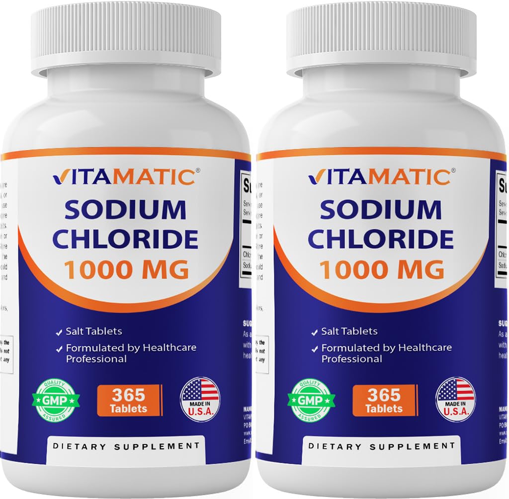 Vitamatický chlorid sodný 1000mg - 365 tablet - 2 lahve Elektrolyt Replinisher & Hydratační podpora - Non- GMO, gluten- bez