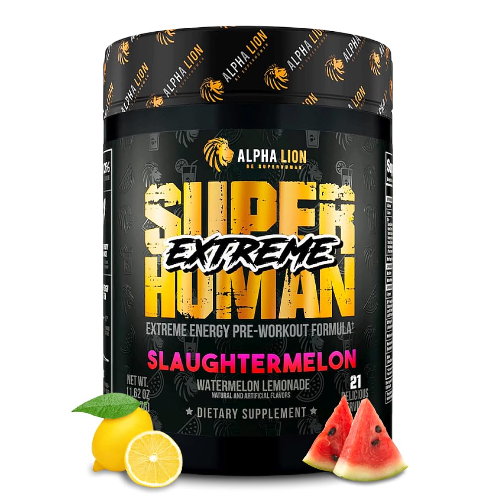 ALPHA LION Superhuman Extreme High Stim Pre Workout Powder, Beta Alanin, L- Taurin & 356mg Tri- Source Caffeine for Setrvalá energie, Oxid dusičný & Citrulline for Pump (21 Servings, Slaughtermeloun)