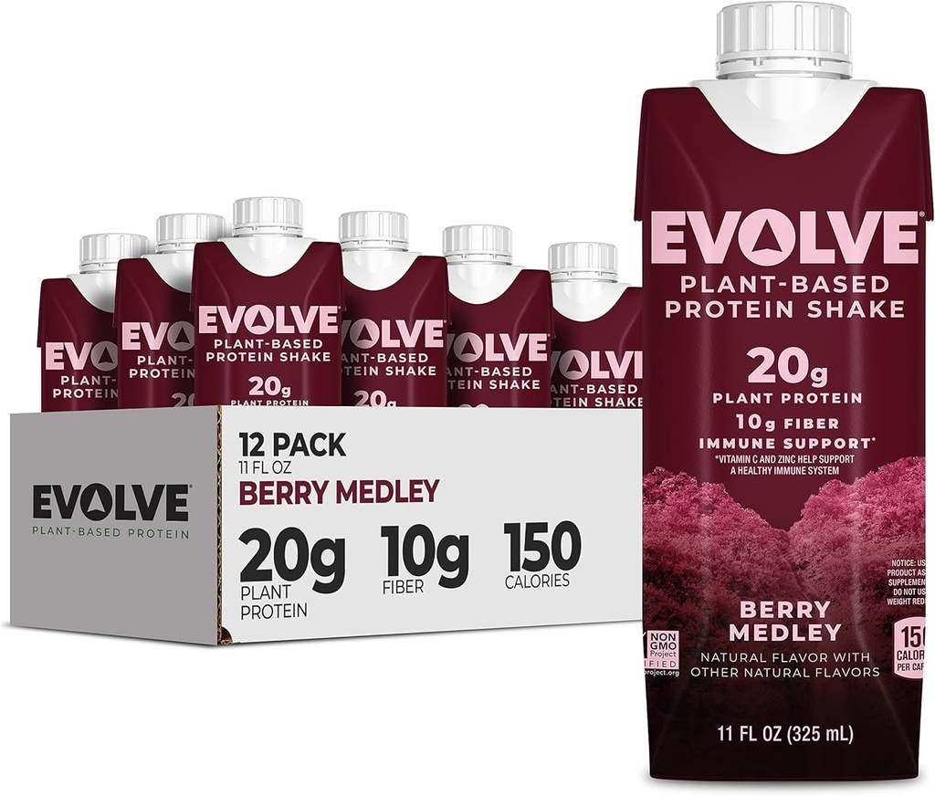 Evolve Plant Based Protein Shake, Berry Medley, 20g Vegan Protein, Imunitate Support, Vitamin C & Zinek, Dairy Free, No umělé sladkosti, Non- GMO, 10g Fiber, 11oz, (12 Pack) (Formule May Vars)