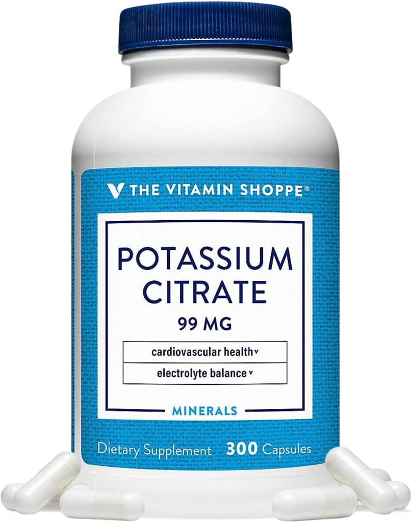The Vitamin Shoppe Brand Potassium Citrate 99mg, Highly Absorbable Mineral Supplement for Cardiovascular Health & Electrolyte Balance, Daily Potassium Supplement for Adults, Gluten Free, 300 Capsules