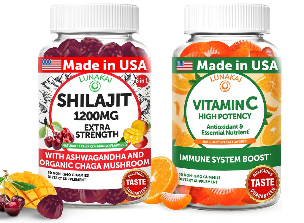 Lunakai USA Made Shilajit & Vitamin C High Potency Gummies Bundle - Energetická a imunitní podpora - Non- GMO & Delicious