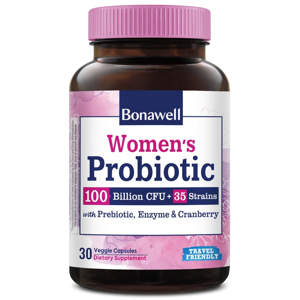 Bonawell Probiotika pro ženy 100B, s Prebiotika, Dědičné Enzymy & Organic Cranberry pro ženy Vaginální zdraví, Digestion & Imunity, Shelf-Stabilní, Zpožděné -Release, 30 Veggie Caps