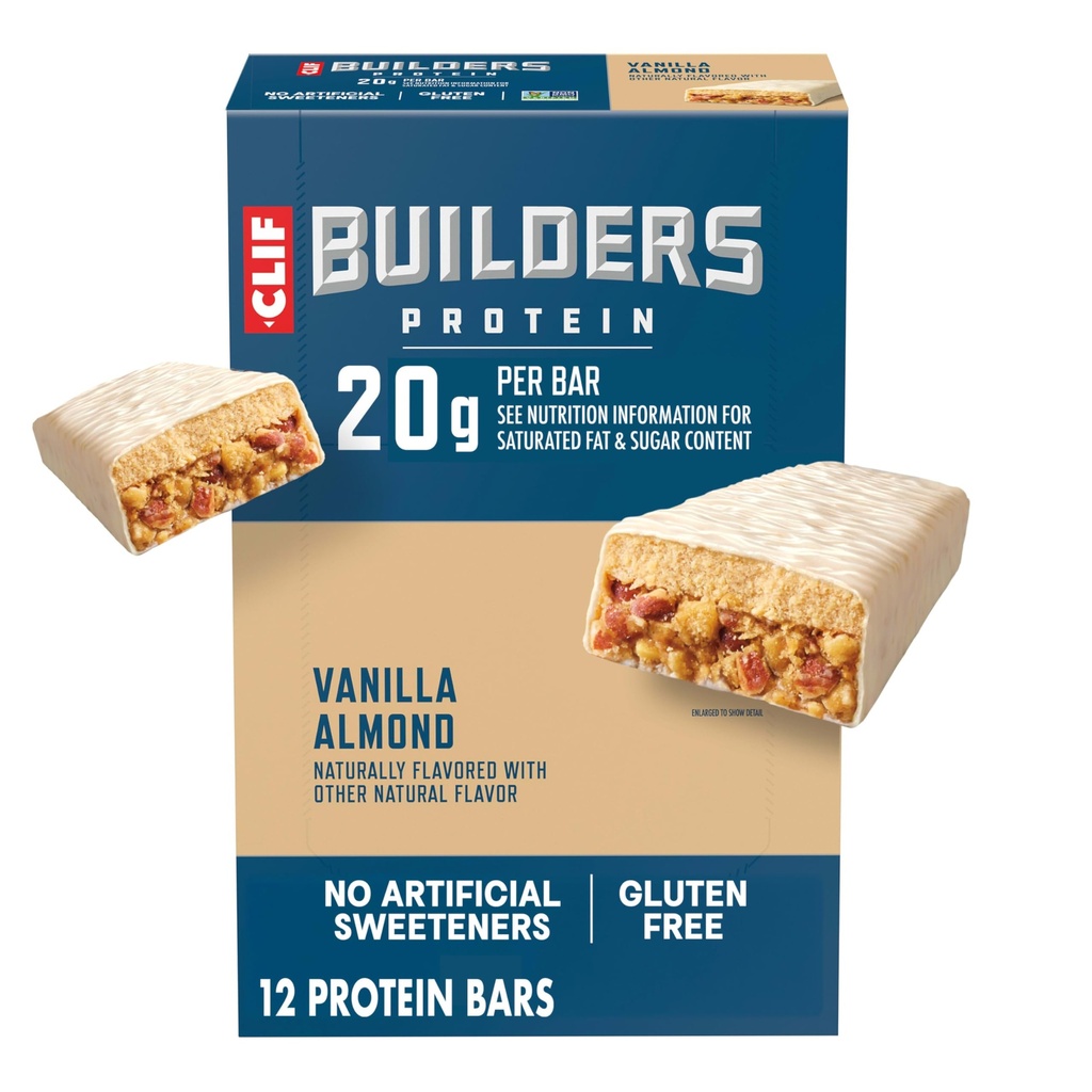 CLIF BUILDERS Protein Bars - Vanilla Almond Flavor - 20g Plant Based Protein - Gluten Free - Non- GMO - Low Glycemic - No umělé sladkosti - 2.4 oz. (12 Pack)