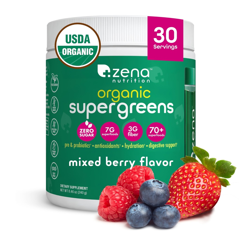 Zena Nutrition Organic Super Green Powder, 70 + Superfoods, 0 Cukr, 3G Fiber, Spirulina, Chlorella, Antioxidanty, Prebiotika / Probiotika, Digestive Enzymes, Smíšené Berry, 30 Služeb