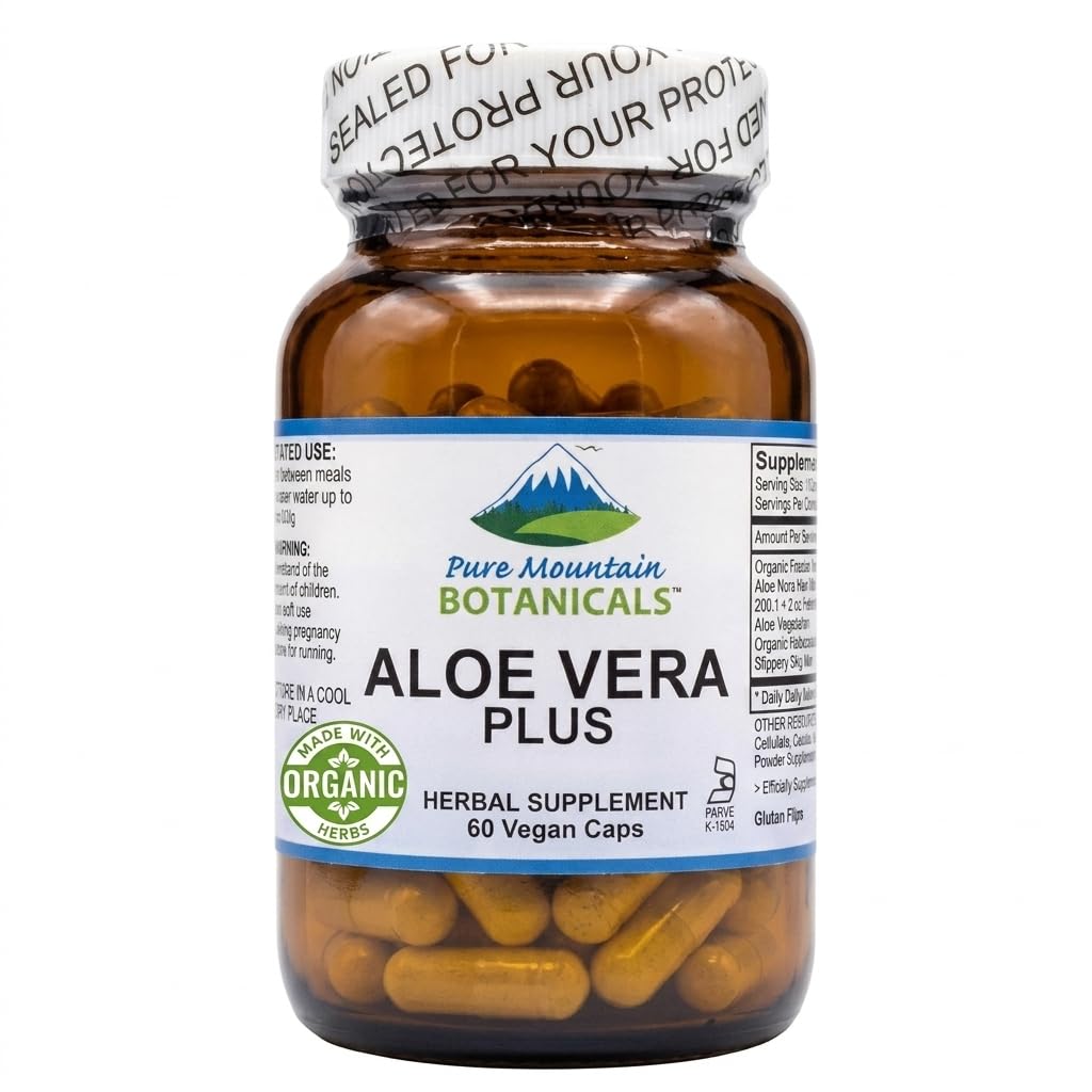 Čisté horské botaniky Aloe Vera Plus Kapsle. 200: 1 Extract. Kosher Organic Sured Aloe Vera Gel, Marshmallow Root, Slippery Elm