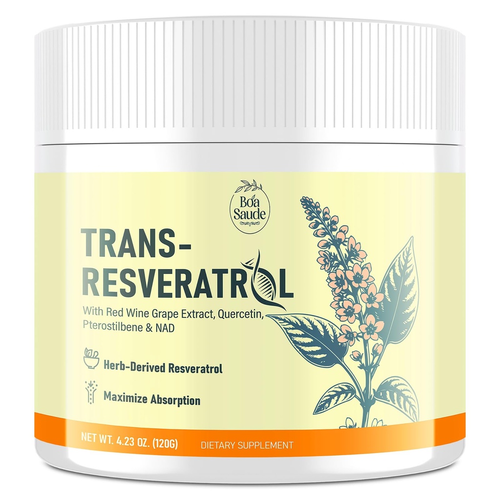 Trans- Resveratrol Powder Supplement with Red Wine Extract, Quercetin, Pterostilben & NAD, 4.23 OZ, 30- Day Supply