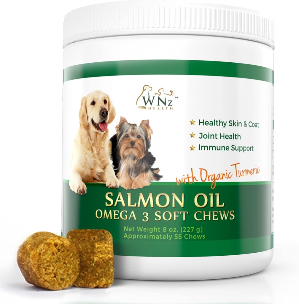 Omega 3 Kožní a coat Žvýkačky pro psy, Dog Losos olejový dodatek pro kloubní úlevu od bolesti, imunitní podpora, kůže a coat doplňky pro psy, Žvýkací pes léčby pro Itchy Skin Relief, 55 Chews, 8 Oz