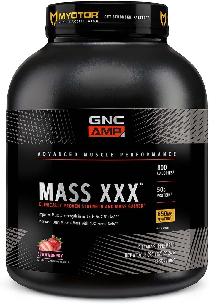 GNC AMP hmotnost XXX, Klinicky osvědčený hmotnost Gainer protein prášek, zlepšuje sílu a velikost, 780 kalorií, 50g protein, Mikronizované aminokyseliny, Creatin, Betaine, Jahoda, 13 Služební, 6 List