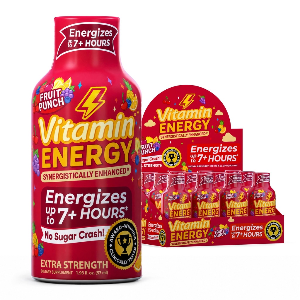 Vitamin Energy Imunní + Extra Síla Energy Shot Ovocný punč 12 Pack, 260mg přírodní kofein, B-Vitamíny, Citicolin, Green Tea, Imunity & Focus Support, Nulový cukr, Gluten- Free 1.93 fl oz