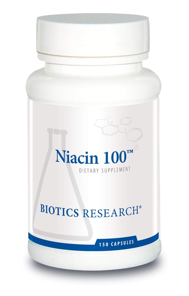 Biotika Výzkum Niacin 100, 100 Milligram Niacin, Vitamin B3, Cholesterol, HDL, LDL, Triglycerid, LP, Kardiovaskulární zdraví, 150 Kapsle