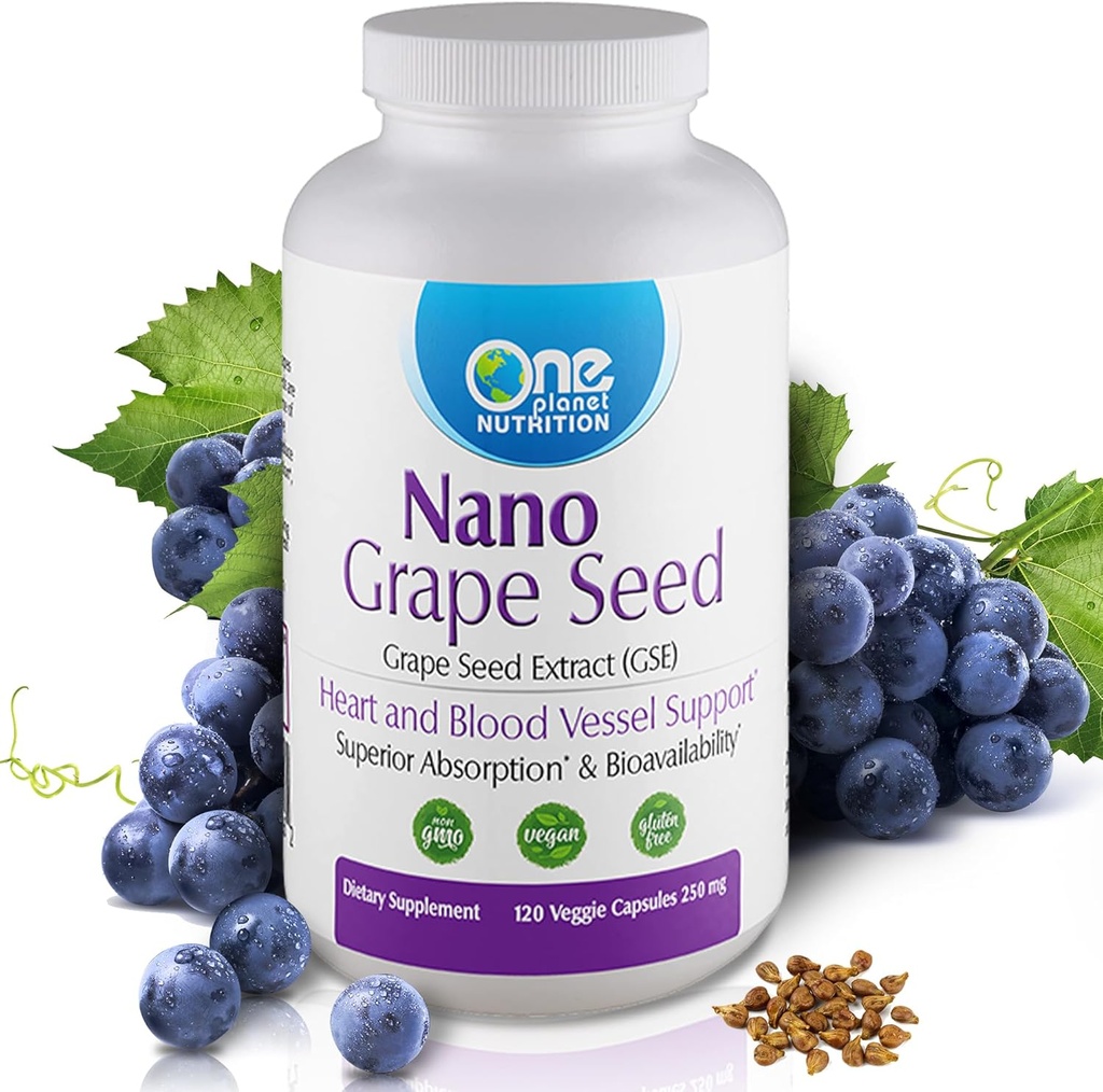 One Planet Nutrition Nano Grape Seed Extract 250 mg Veggie Capsules (120 Servings), Nano for Enhanced Absorpce, Podporuje antioxidační zdraví pro cévní zdraví, Non- GMO, Vegan, gluten zdarma