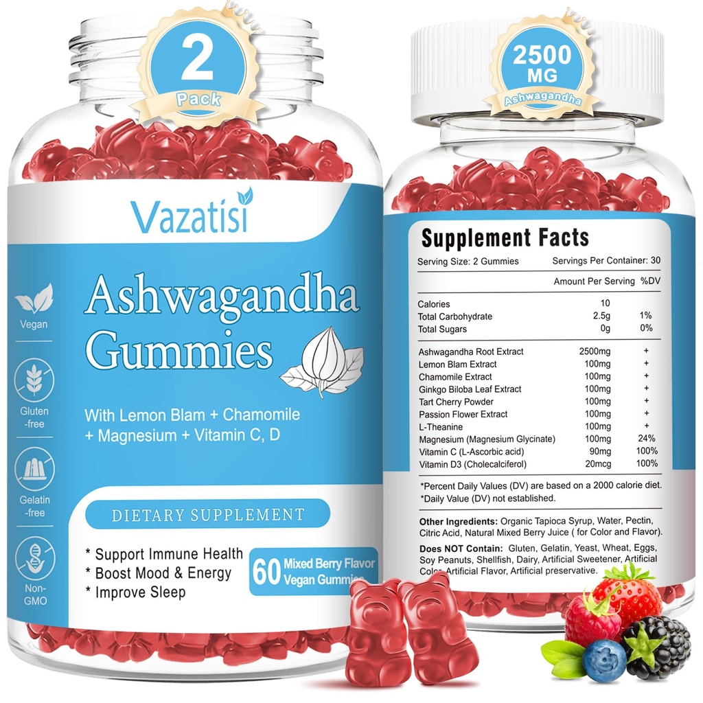 2 Pack Ashwagandha Gummies pro ženy muže, cukr zdarma Organic Ashwagandha Gummies dodatek pro Relax Restore Balance, Vegan Gluten zdarma, 120 Počet