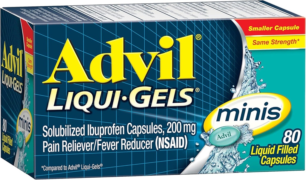Advil Liqui- Gels Minis Pain Reliever and Fever Reducer, Pain Medicine pro dospělé s Ibuprofen 200mg pro Pain Relief - 80 Tekuté plněné kapsle