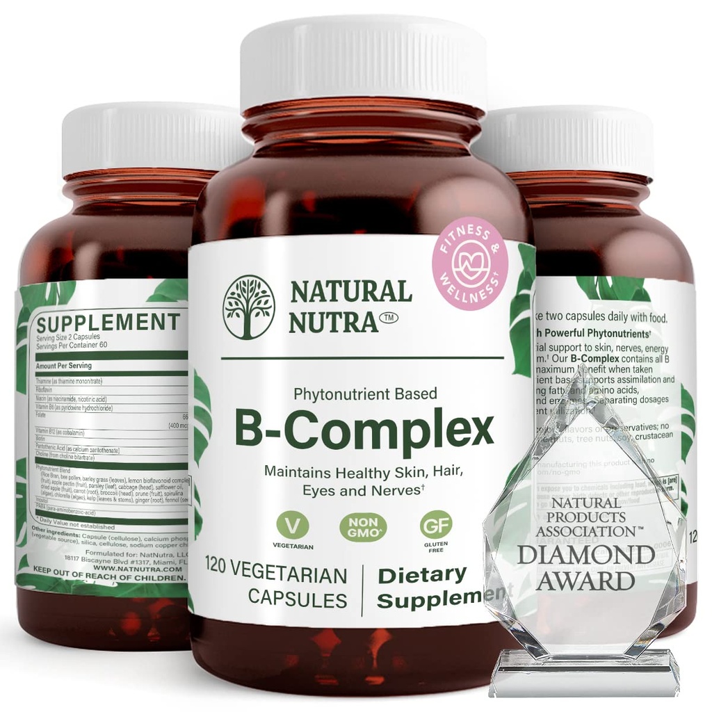 Přírodní Nutra vitamin B komplex s Niacin, Folát, Thiamin, Biotin, Podporuje nervový systém zdraví, podporuje metabolismus, kůže, očí a vlasů zdraví, celý doplněk stravy, 120 Vegetariánské kapsle