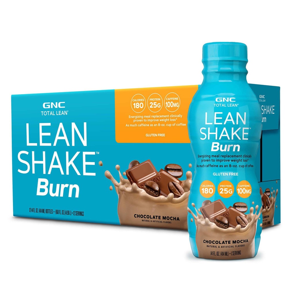 GNC Lean Shake Burn With Caffeine, Náhrada jídla, Čokoláda Mocha, 25g protein, Klinicky osvědčený Weight Management, Připravený k pití, Nulový přidaný cukr, 14 oz lahví, balení po 12