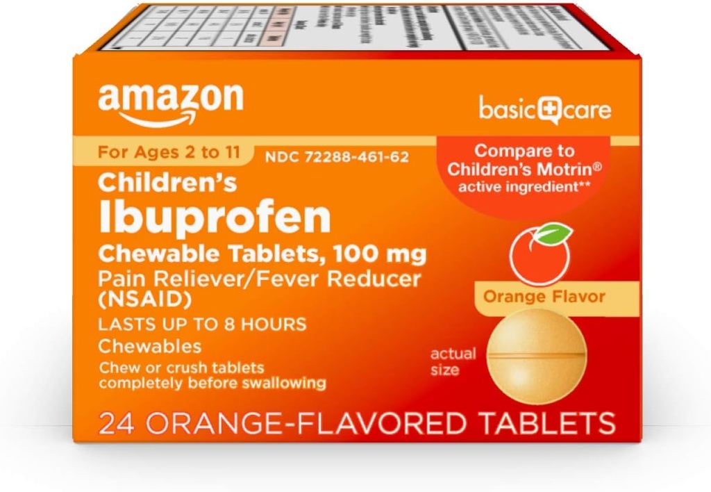 Basic Care Children 's Ibuprofen Chewable Tablety, 100 mg, Pain Reliever and Fever Reducer, Orange Flavor, Pro Aches, Pains, Sore Throat, Tooth Pain and Head Relief, 24 Počet