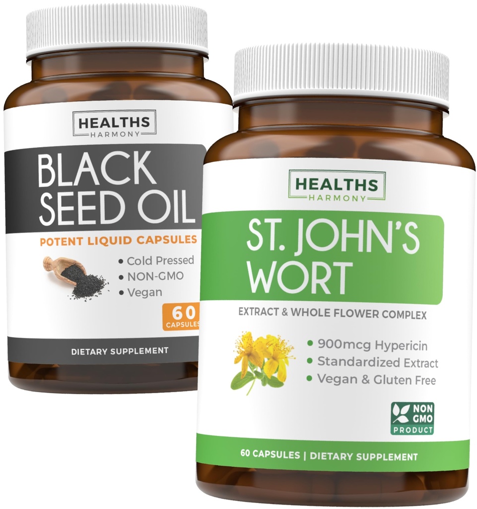 Black Seed Oil & St. John 's Wort (1- Month Supply) Serene Blend Bundle of Black Seed Oil (60 Kapsle) Cold- Pressed Nigella Sativa & St. John' s Wort (60 Kapsle) s Powerful 900mcg Hypericin