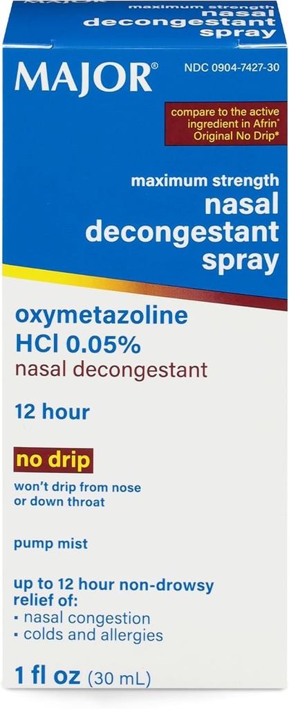 MAJOR Maximální síla Nasal Decongestant Spray, Oxymetazolin HCl 0,05% čerpadlo Mist, Non- Drowsy Nasal Spray, až 12- hodinová úleva od Nasal Congestion, nachlazení, a alergie 1 Fl. Oz. (1-Pack)