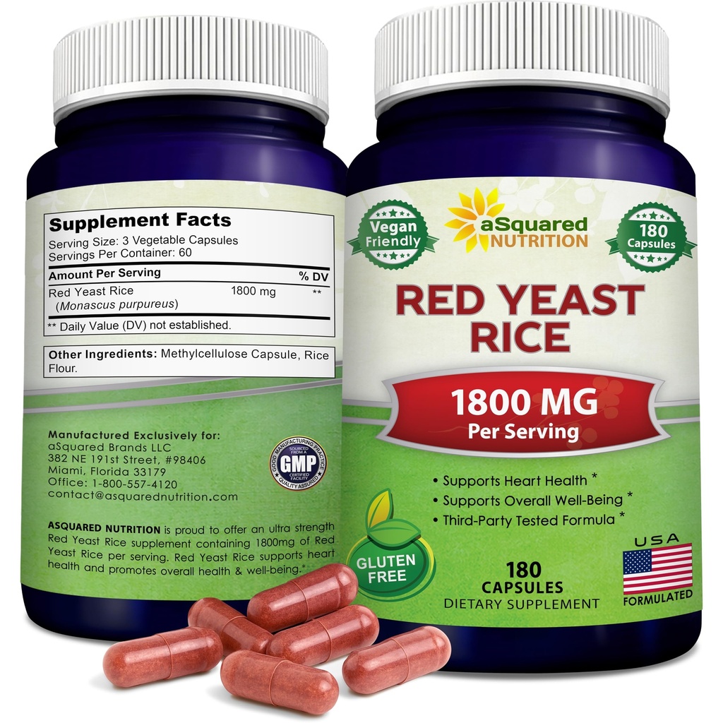 aSquared Nutrition Red Yeast Rice 1800mg - Dietní dodatek Vegan prášek pilulky na podporu kardiovaskulární zdraví - 180 Veggie Kapsle