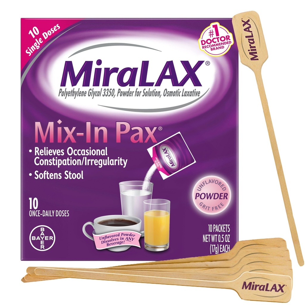 MiraLAX Gentle Consticle Relief Laxative Powder, Stool Softener s PEG 3350, No Harsh Vedlejší účinky, Jednodávkové Mix- In Pax s míchacími Stirry, Cestovní balení, 10 Dávka