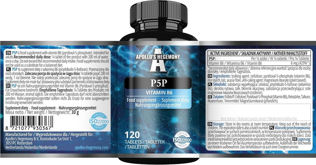 Pyridoxal- 5- fosfát (P-5-P) 50 mg na tabletu - 120 Veganových tablet - Dodávka 480 služeb - Podporuje nervové a psychologické funkce - vitamín B6 dodatek stravy - podle Apollova hegemonie