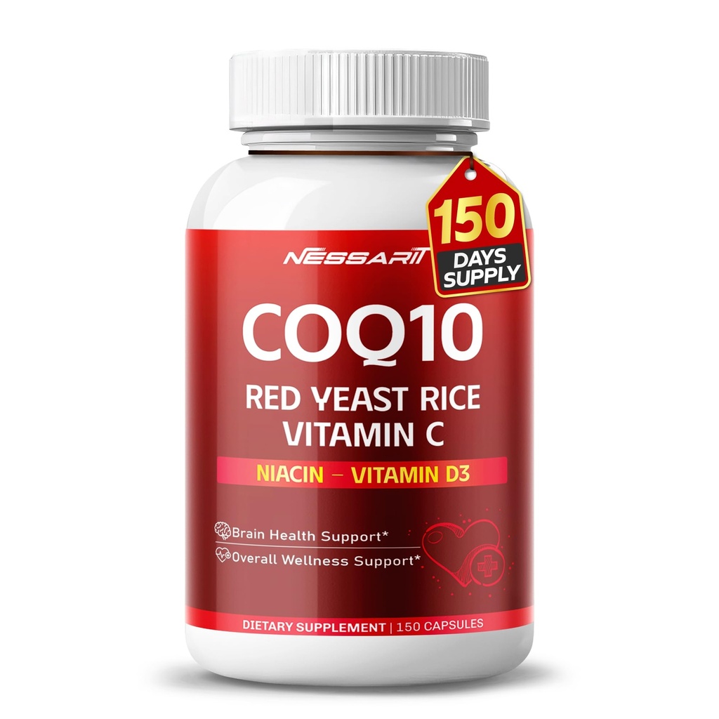 COQ10 + Červený kvasinkový doplněk rýže - 10- in-1 přírodní směs s Omega 3 Vitamin B3, K2, D3, Zinkové mléko Thistle Black Pepper - 150 Počet - Made & Tested v USA