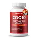 COQ10 + Červený kvasinkový doplněk rýže - 10- in-1 přírodní směs s Omega 3 Vitamin B3, K2, D3, Zinkové mléko Thistle Black Pepper - 150 Počet - Made & Tested v USA
