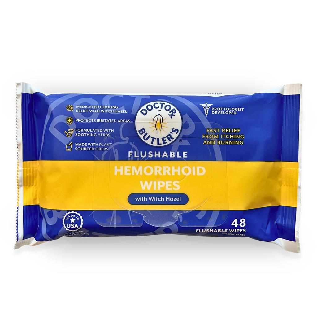 Lékař Butler je Flusable Hemoroid Wipes - Flusable Wipes s čarodějnice Hazel Soothee a přinést úlevu od nepohodlí spojené s hemoroidy (48 Wipes)
