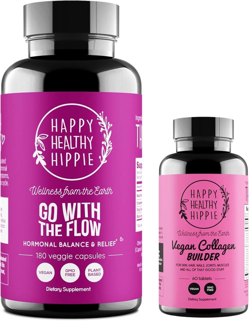Šťastný zdravý hippie Vegan Collagen Builder & Go with The Flow Hormon Balance for Women 180 Ct