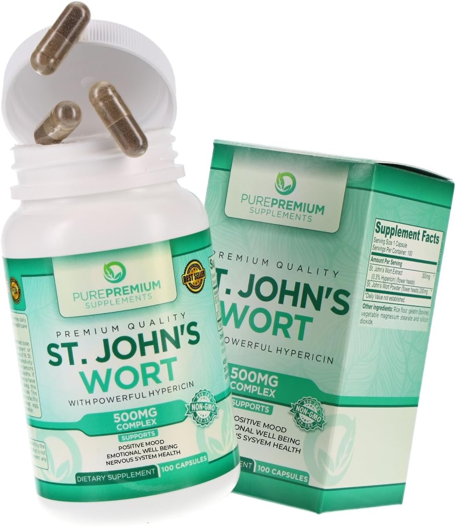 Čisté Premium St. Johns Wort Kapsle 500mg - Mood Supplement - Bylinné a přírodní normální stresové doplňky - St John Wort Podpora pozitivní nálady pro muže a ženy - 3 měsíce Dodávka - 100 Kapsle