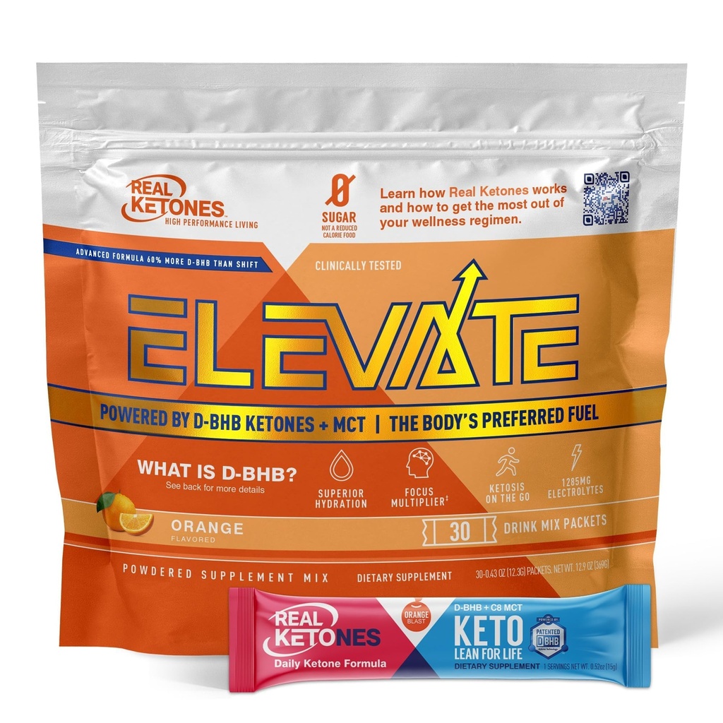 Real Ketones MCT & BHB Exogenous Ketones Drink Mix Packets Elevate Keto Electrolytes Powder Packets No Sugar with 4 Main Electrolytes Plus Hydratační Proprietal Keto BHB - 30 Pack Orange