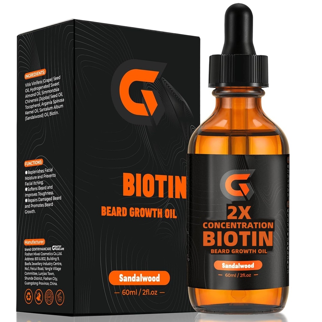 2X Koncentrace Biotin Beard Růstový olej pro muže - Leave- In Conditioner & Softtener - Moisturizes, Thickens, Zesiluje a podporuje růst obličeje vlasy - Organic Argan & Jojoba Oil - 2fl. Oz