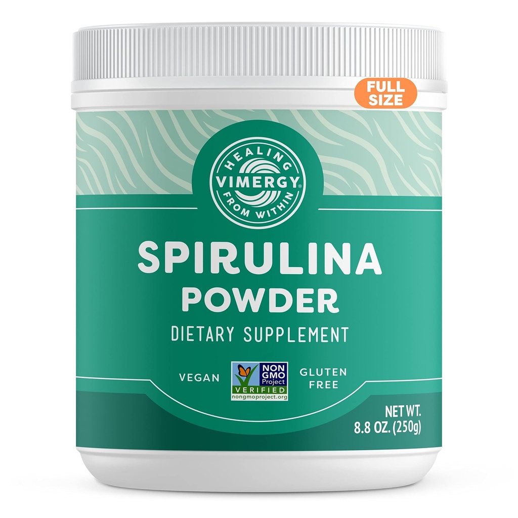 Viméria Spirulina Powder - Koncentrovaný rostlinný protein podporuje imunitní zdraví a kardiovaskulární funkci - Vegan, Kosher, gluten- Free - 250g