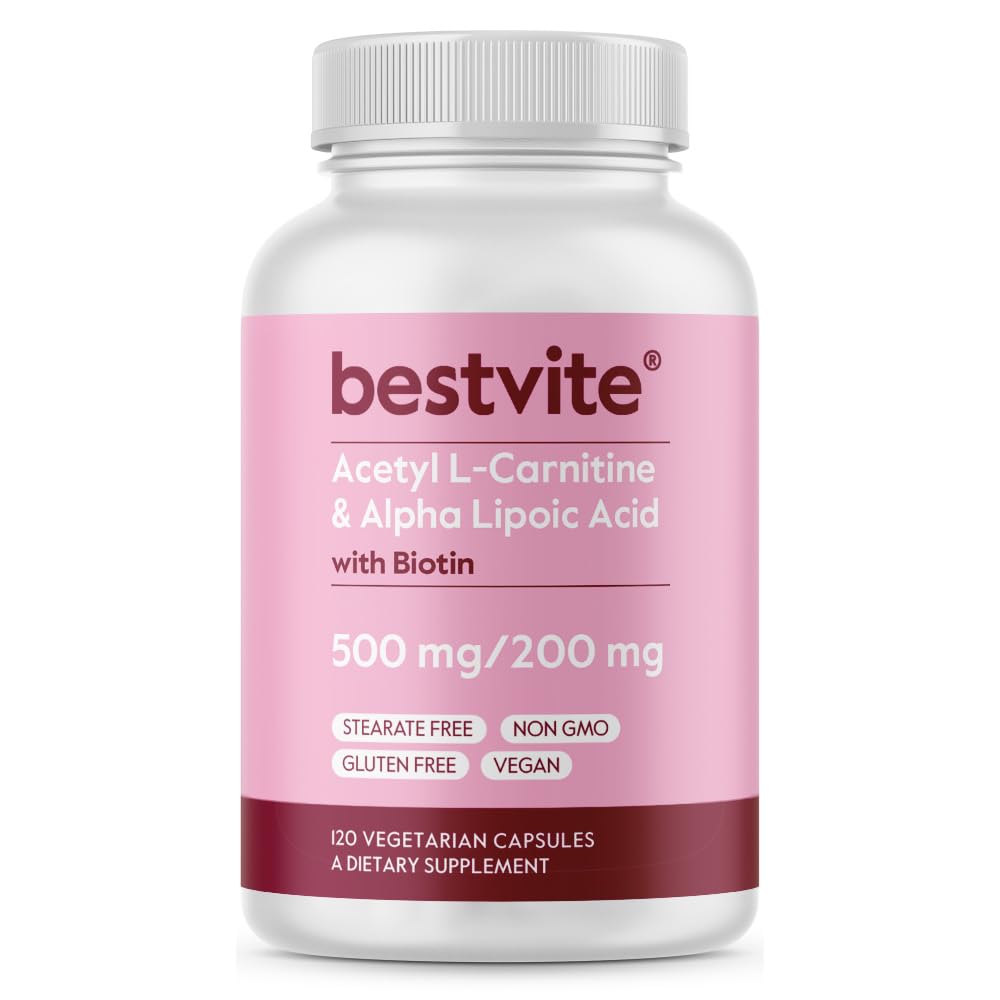 BESTVITE Acetyl L- karnitin 500 mg & alfa kyselina lipoová 200 mg na tobolku s biotinem (120 Vegetariánských tobolek) - No Stearates - Vegan - Non GMO - Gluten bez