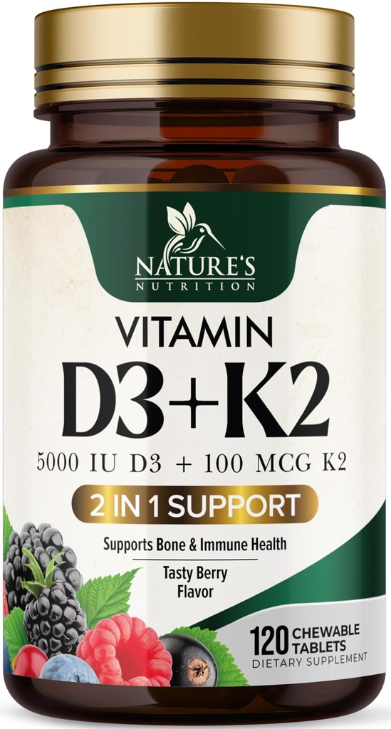 Vitamin D3 K2 dodatek CLAS124; 5000 IU D3 + K2 100 mcg CLAS124; MK-7 K2 s vitaminem D CLAS124; Podporuje imunitní, srdce, zuby a zdraví kostí - Příroda snadno žvýkat, VIT D3 K2, Non- GMO, Tasty Berry Flavor - 120 Tablet